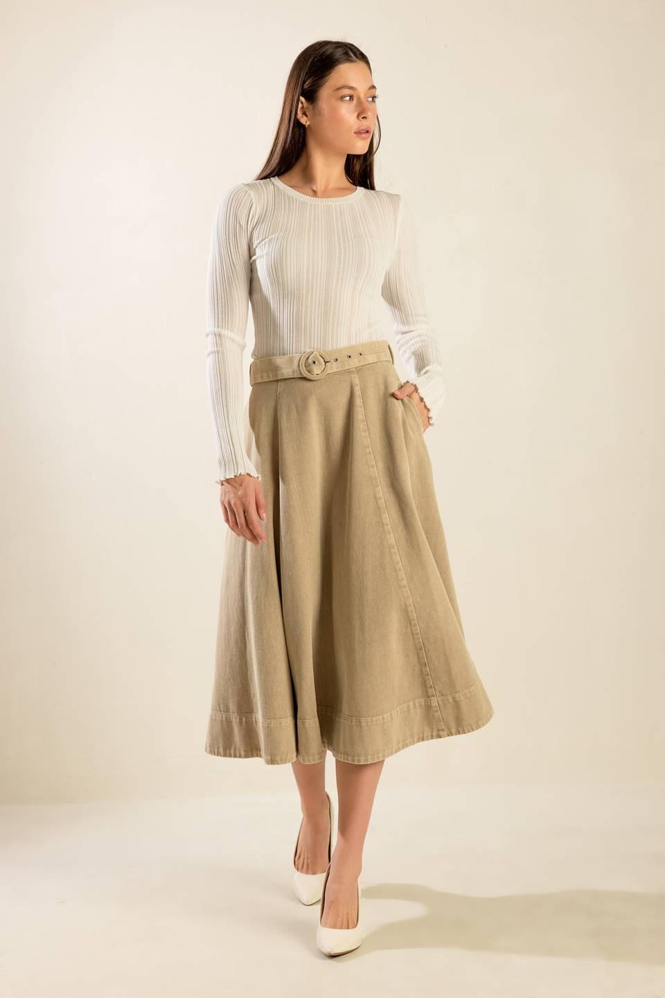 You Know It Twill Midi Skirt in taupe, view 4 — Soul Flow Apparel