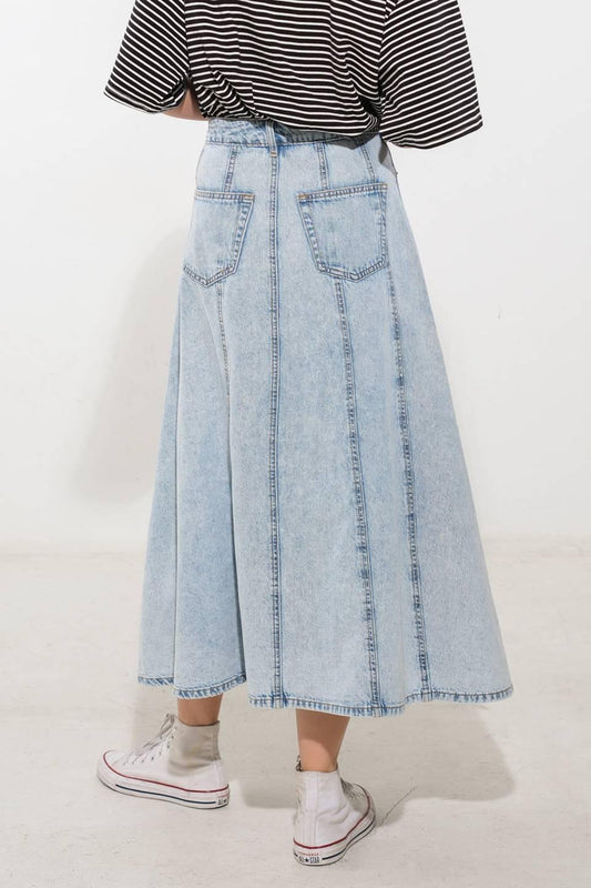 Urban Cowgirl Denim Midi Skirt in light, view 2 — Soul Flow Apparel
