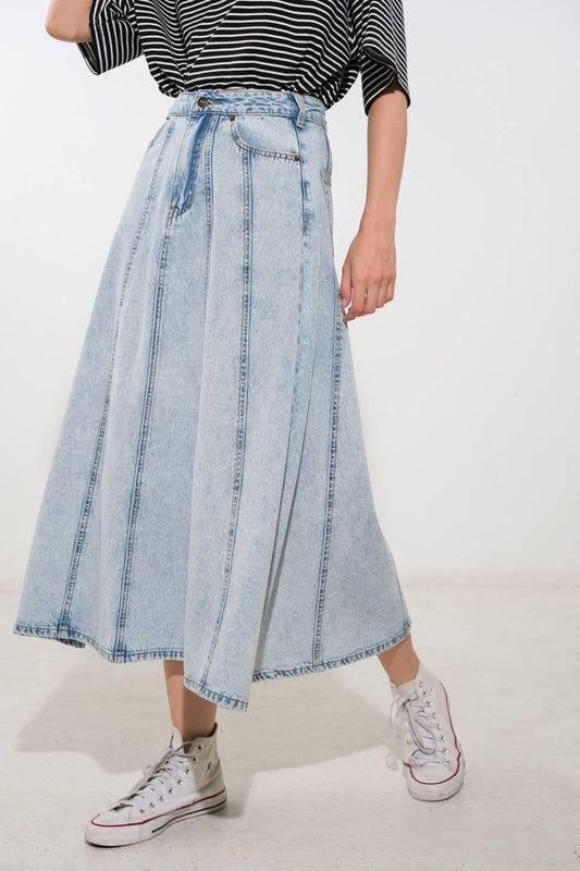Urban Cowgirl Denim Midi Skirt in light, view 4 — Soul Flow Apparel