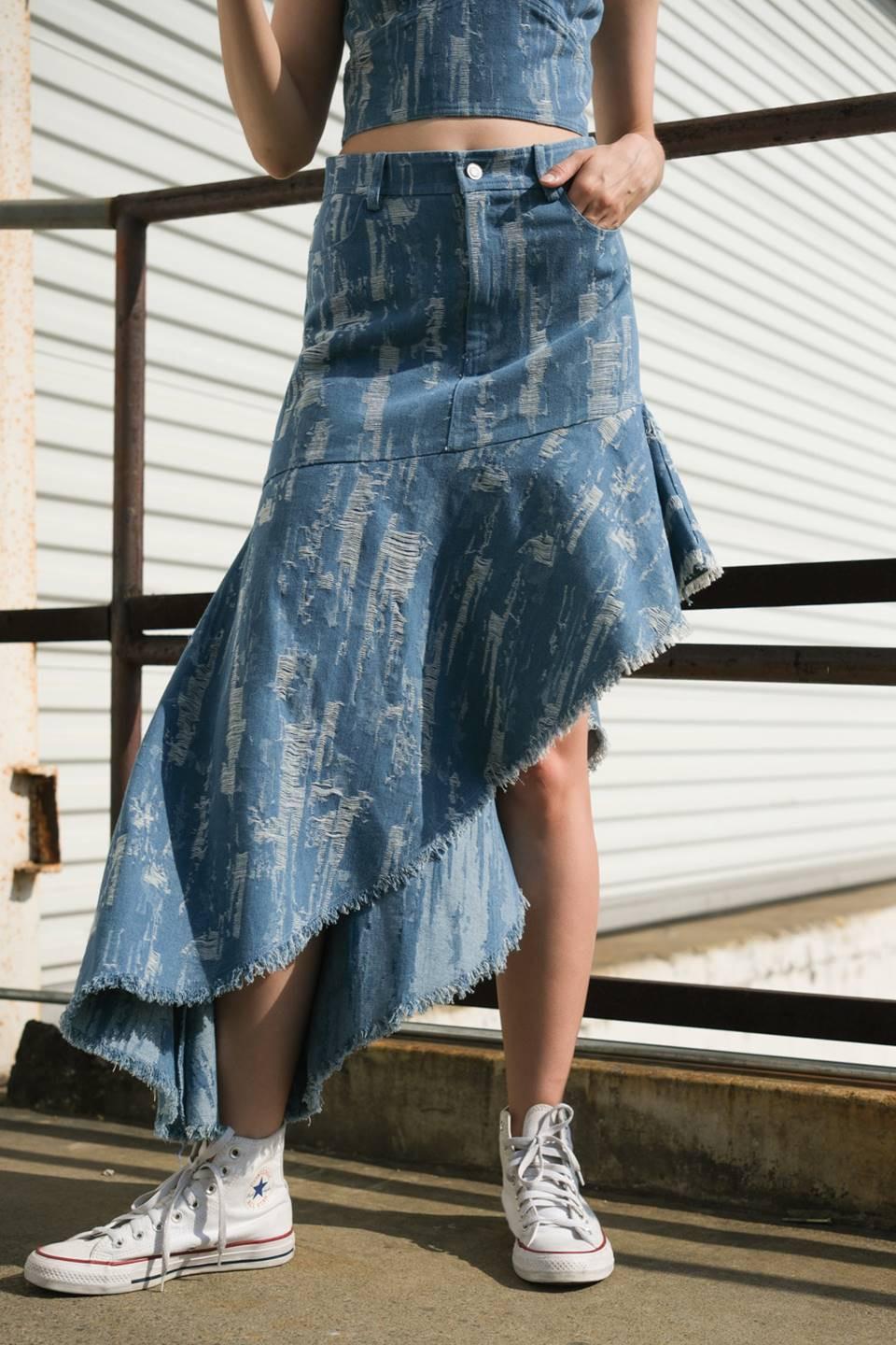 Breezy Adoration Denim Skirt in medium indigo, view 1 — Soul Flow Apparel