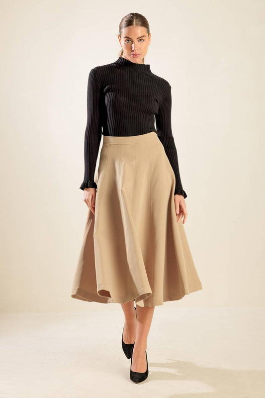 Falling Into Bliss Woven Midi Skirt in camel, view 1 — Soul Flow Apparel