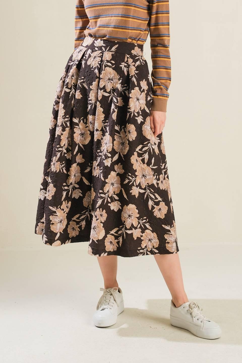 Posh Presence Woven Midi Skirt in dark brown, view 1 — Soul Flow Apparel