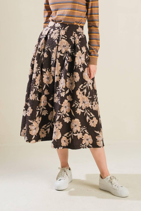 Posh Presence Woven Midi Skirt in dark brown, view 1 — Soul Flow Apparel