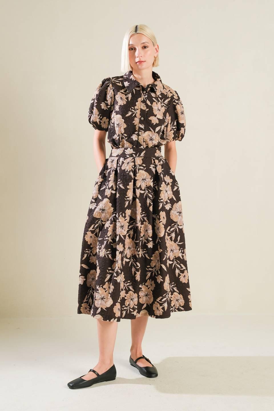 Posh Presence Woven Midi Skirt in dark brown, view 5 — Soul Flow Apparel