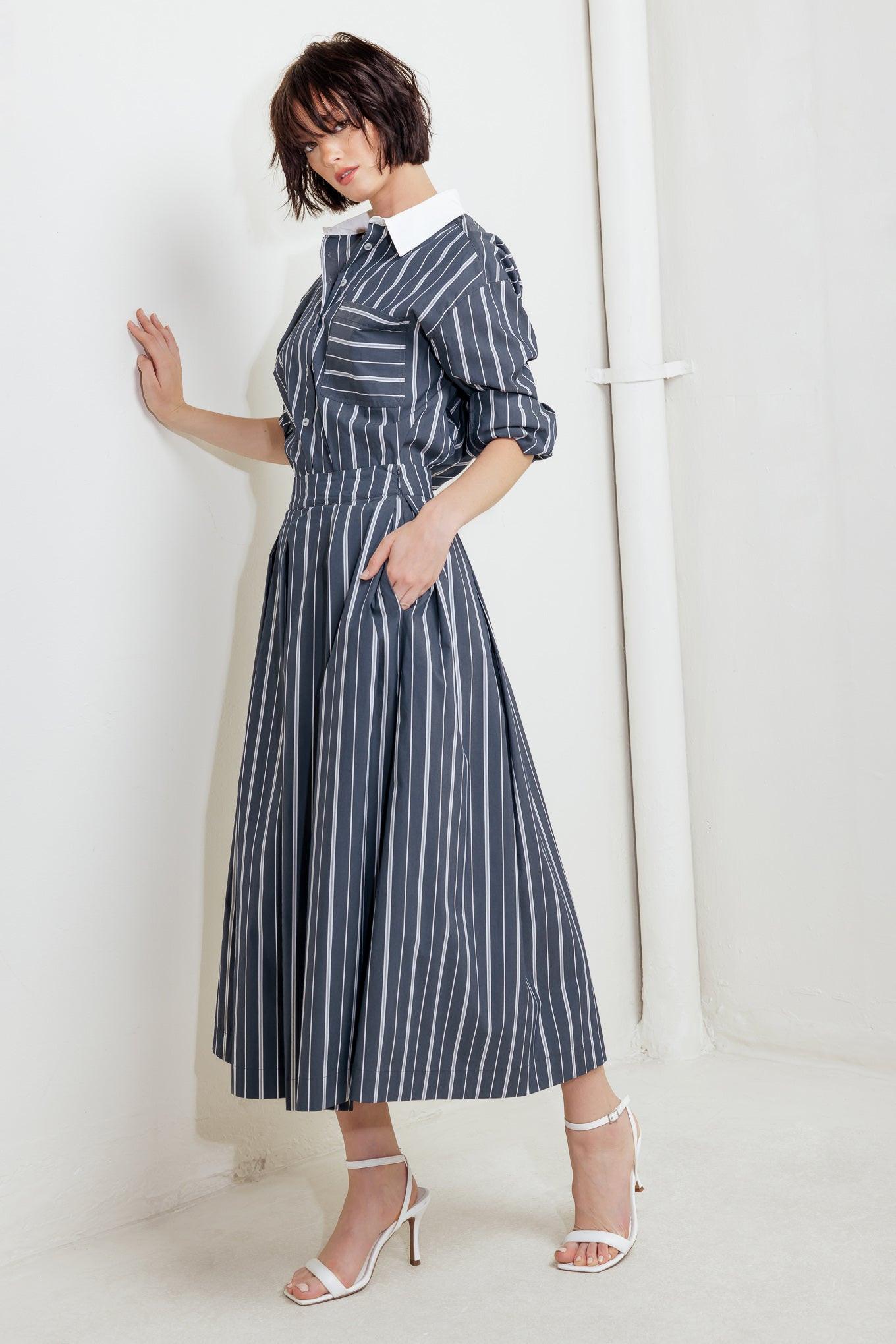 Behind the Grin Woven Midi Skirt in charcoal, view 6 — Soul Flow Apparel