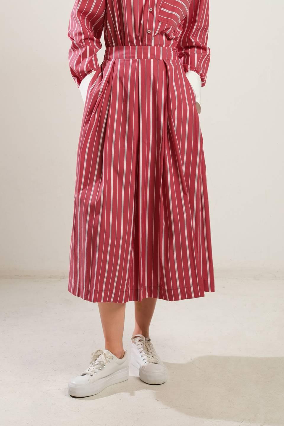 Behind the Grin Woven Midi Skirt in red, view 1 — Soul Flow Apparel