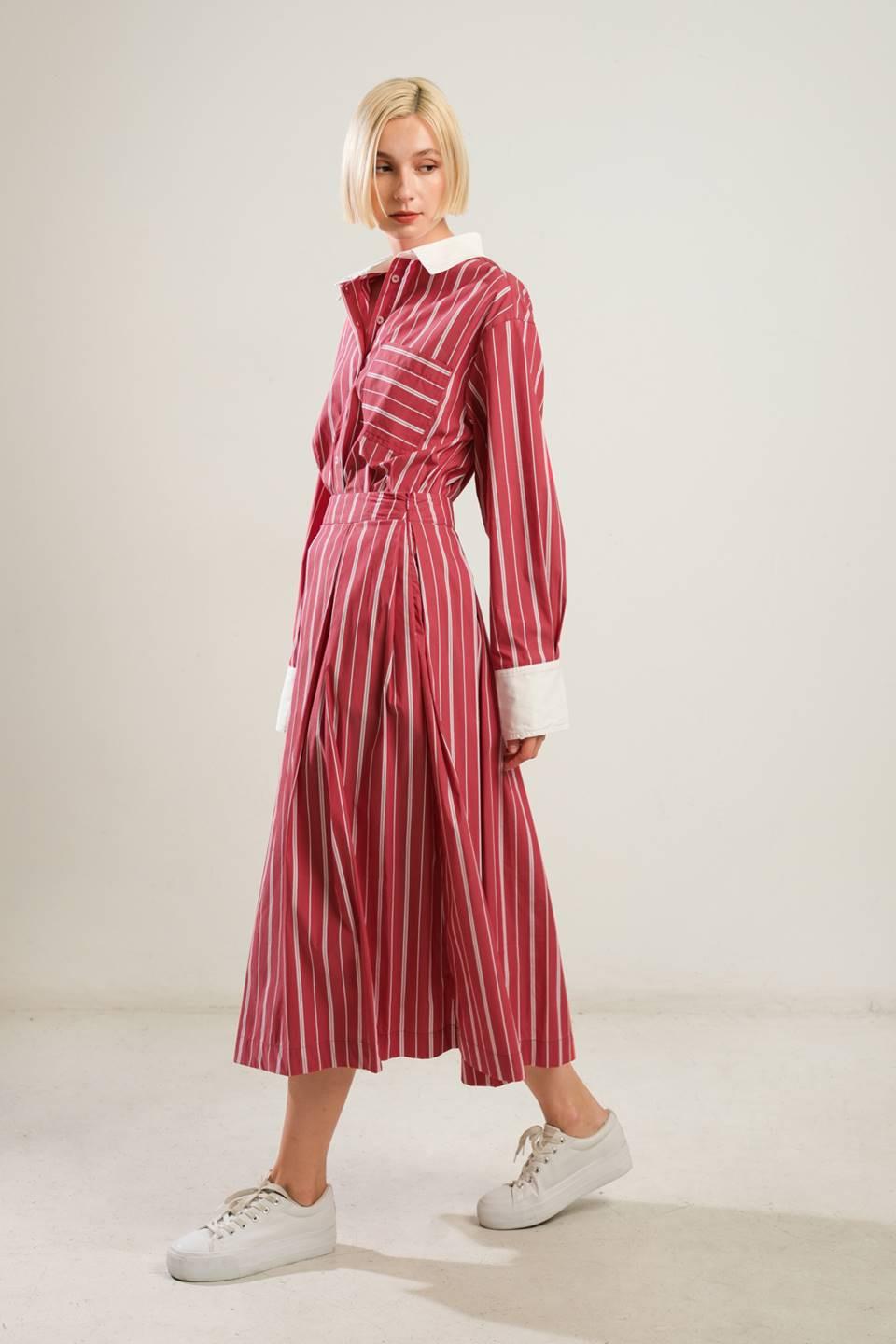 Behind the Grin Woven Midi Skirt in red, view 3 — Soul Flow Apparel
