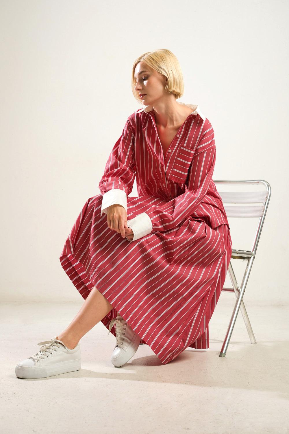 Behind the Grin Woven Midi Skirt in red, view 7 — Soul Flow Apparel