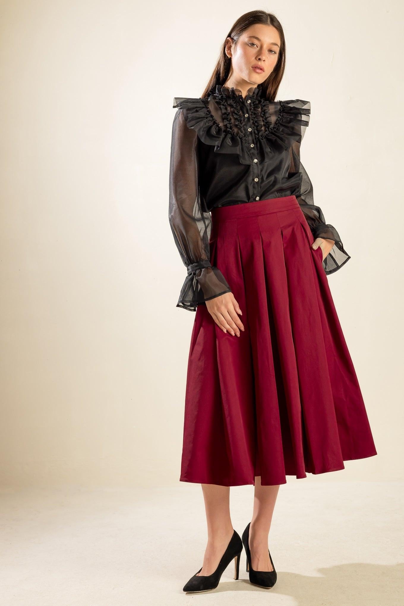 Dance with Destiny Woven Midi Skirt in crimson, view 1 — Soul Flow Apparel