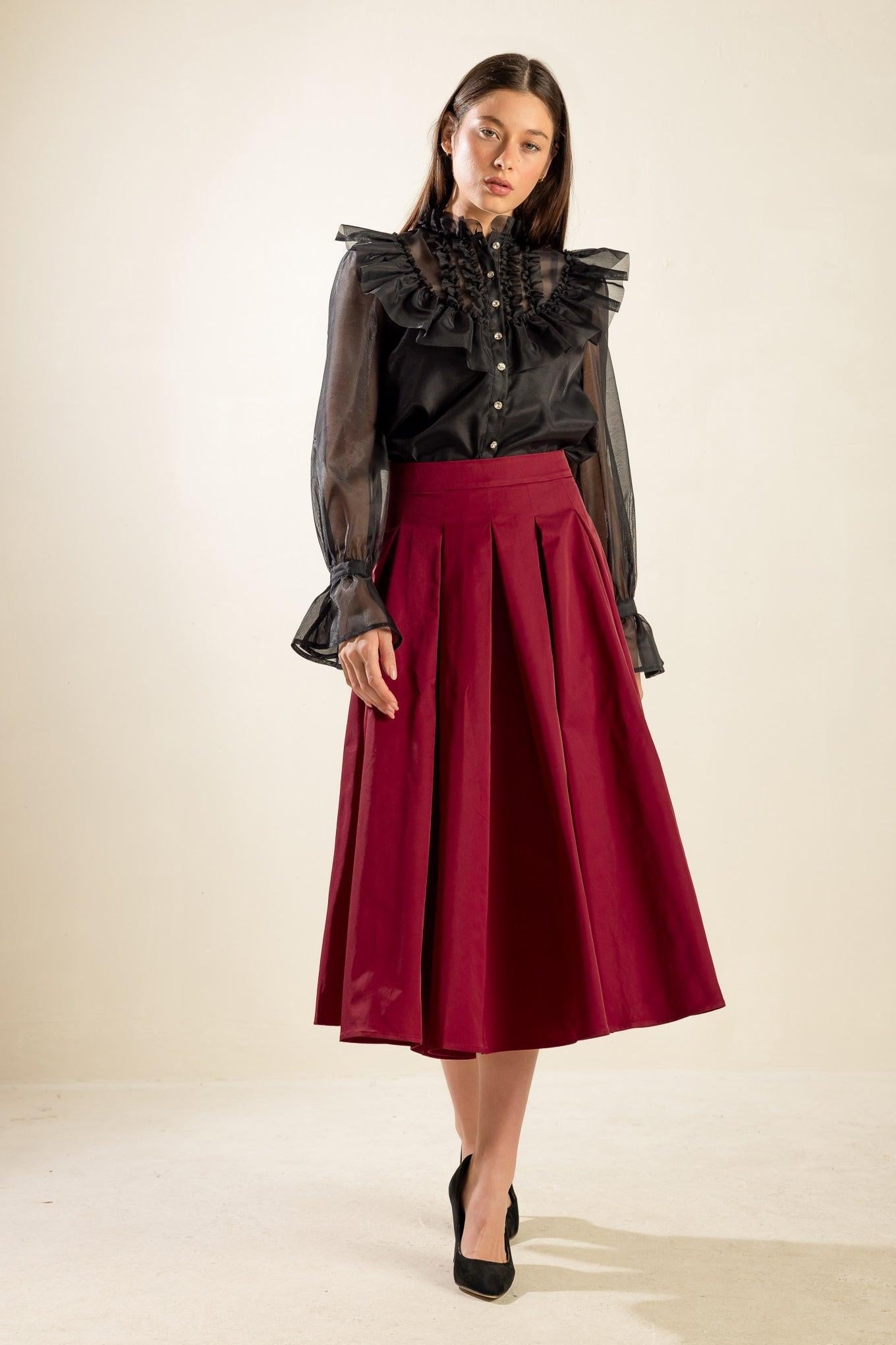 Dance with Destiny Woven Midi Skirt in crimson, view 2 — Soul Flow Apparel