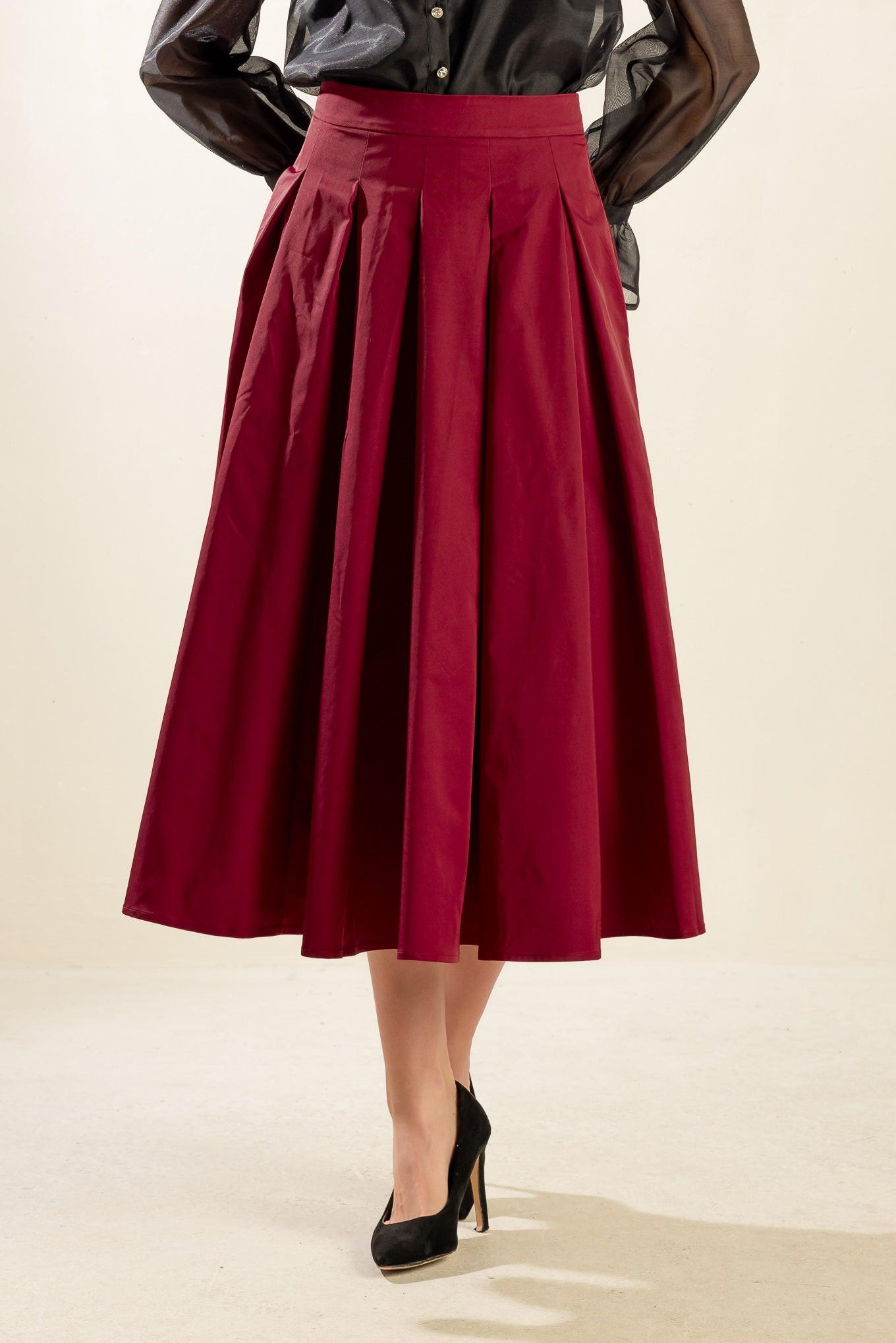 Dance with Destiny Woven Midi Skirt in crimson, view 3 — Soul Flow Apparel