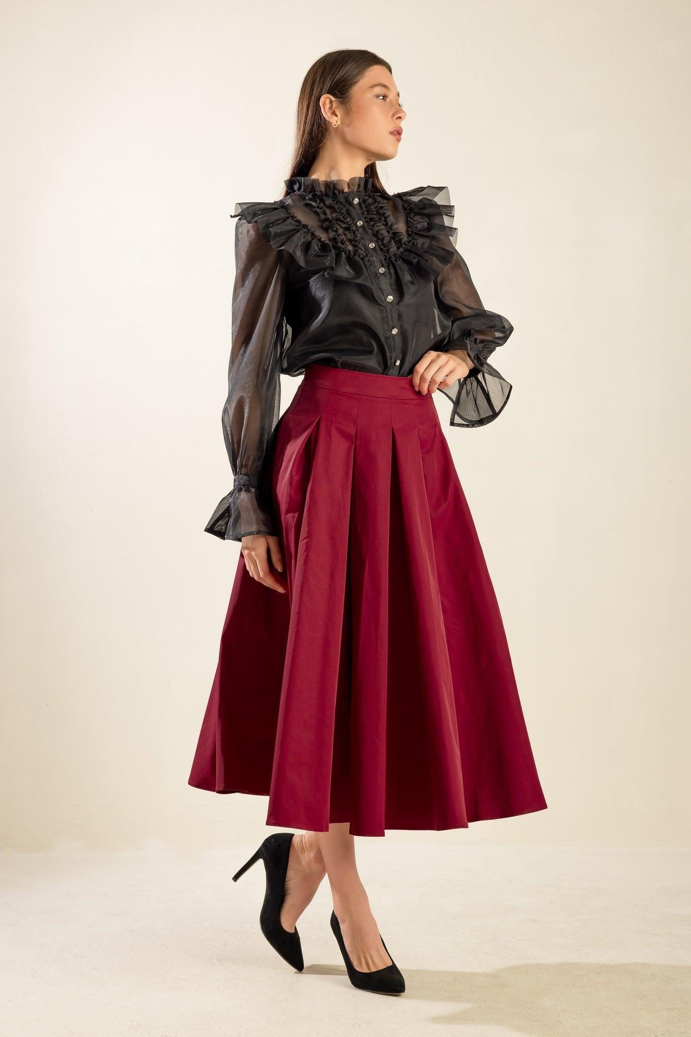 Dance with Destiny Woven Midi Skirt in crimson, view 4 — Soul Flow Apparel