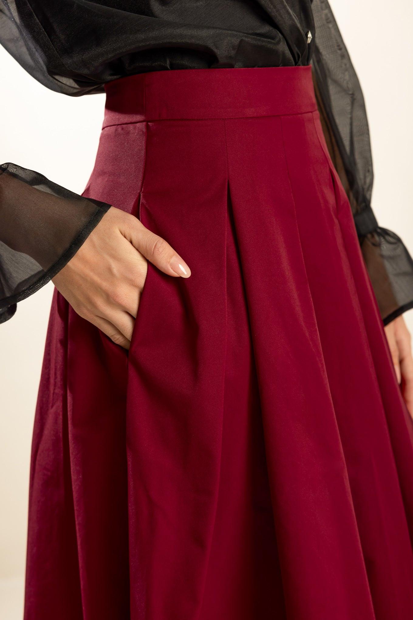 Dance with Destiny Woven Midi Skirt in crimson, view 5 — Soul Flow Apparel