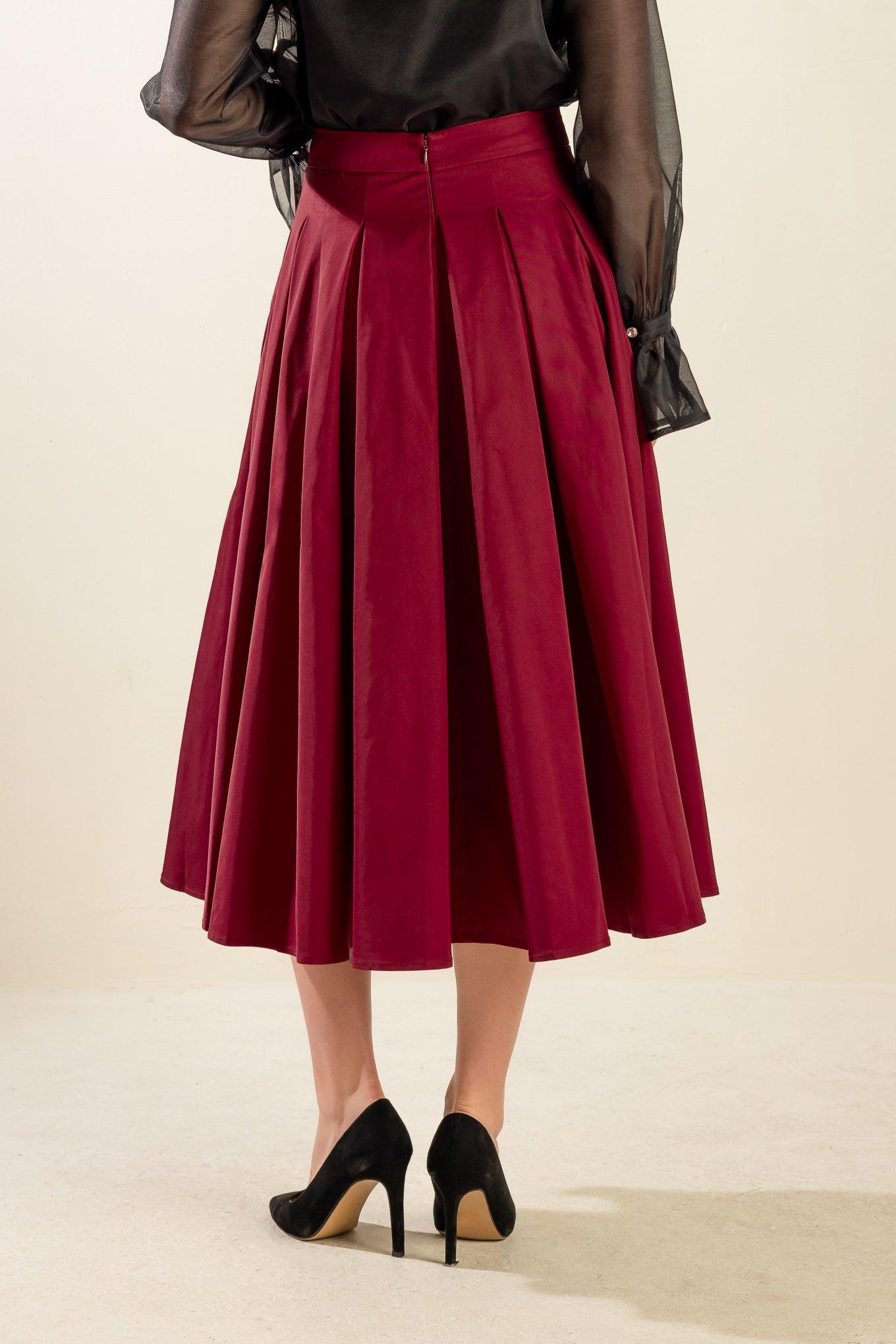 Dance with Destiny Woven Midi Skirt in crimson, view 6 — Soul Flow Apparel