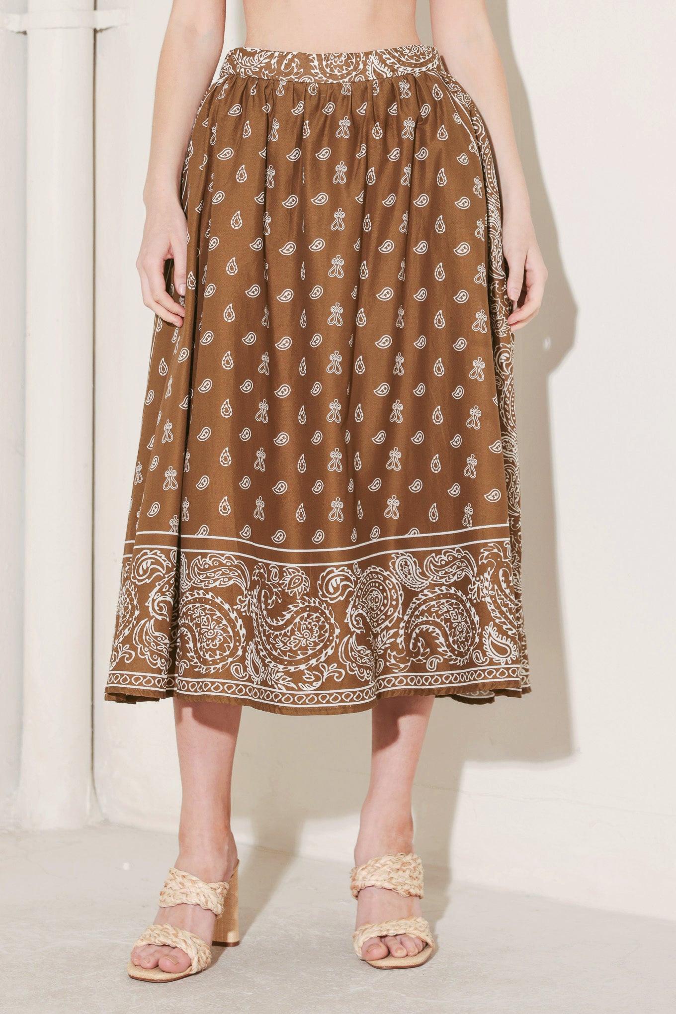 The More the Merrier Woven Full Midi Skirt in brown white, view 1 — Soul Flow Apparel