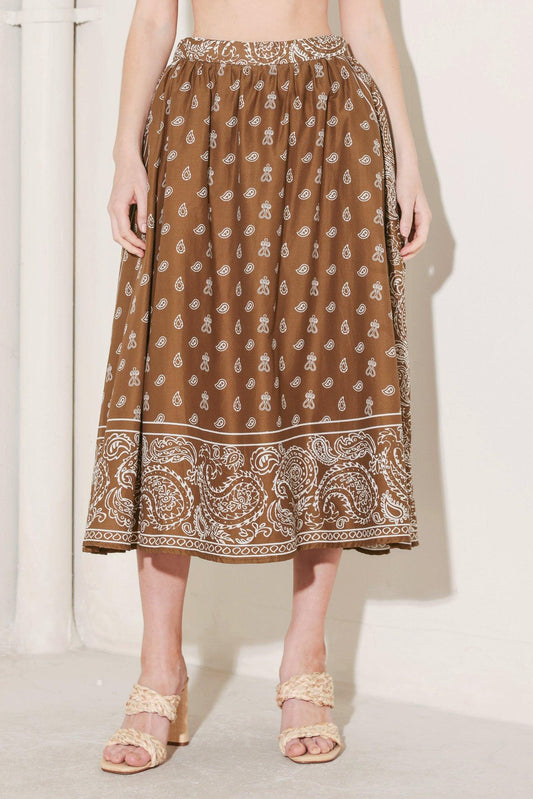 The More the Merrier Woven Full Midi Skirt in brown white, view 1 — Soul Flow Apparel