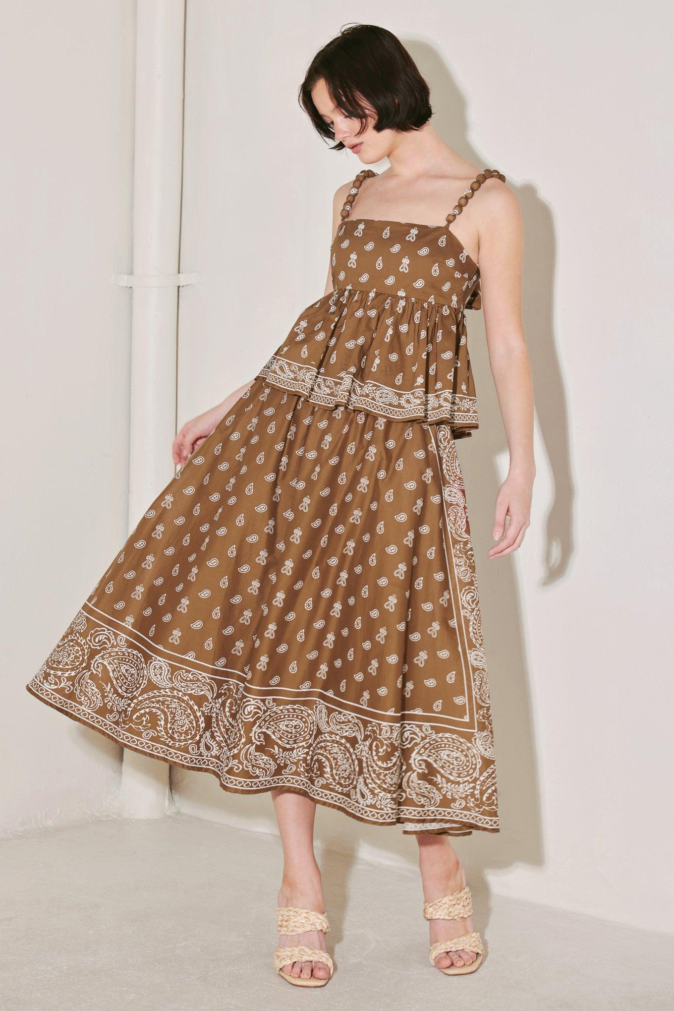 The More the Merrier Woven Full Midi Skirt in brown white, view 2 — Soul Flow Apparel