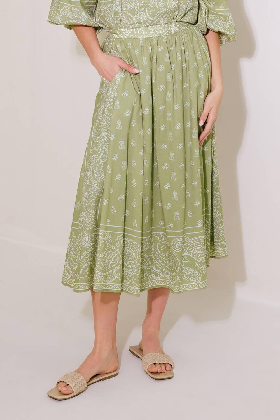 The More the Merrier Woven Full Midi Skirt in sage white, view 1 — Soul Flow Apparel