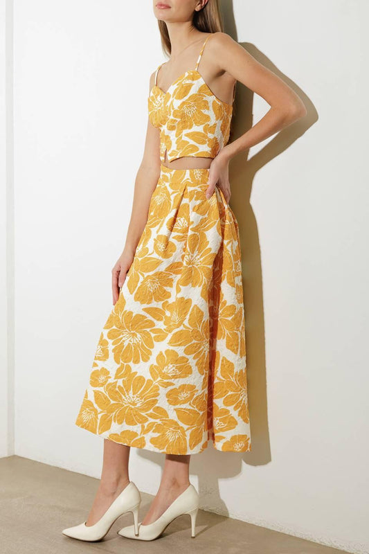 Plain Optimism Woven Midi Skirt in mustard, view 2 — Soul Flow Apparel