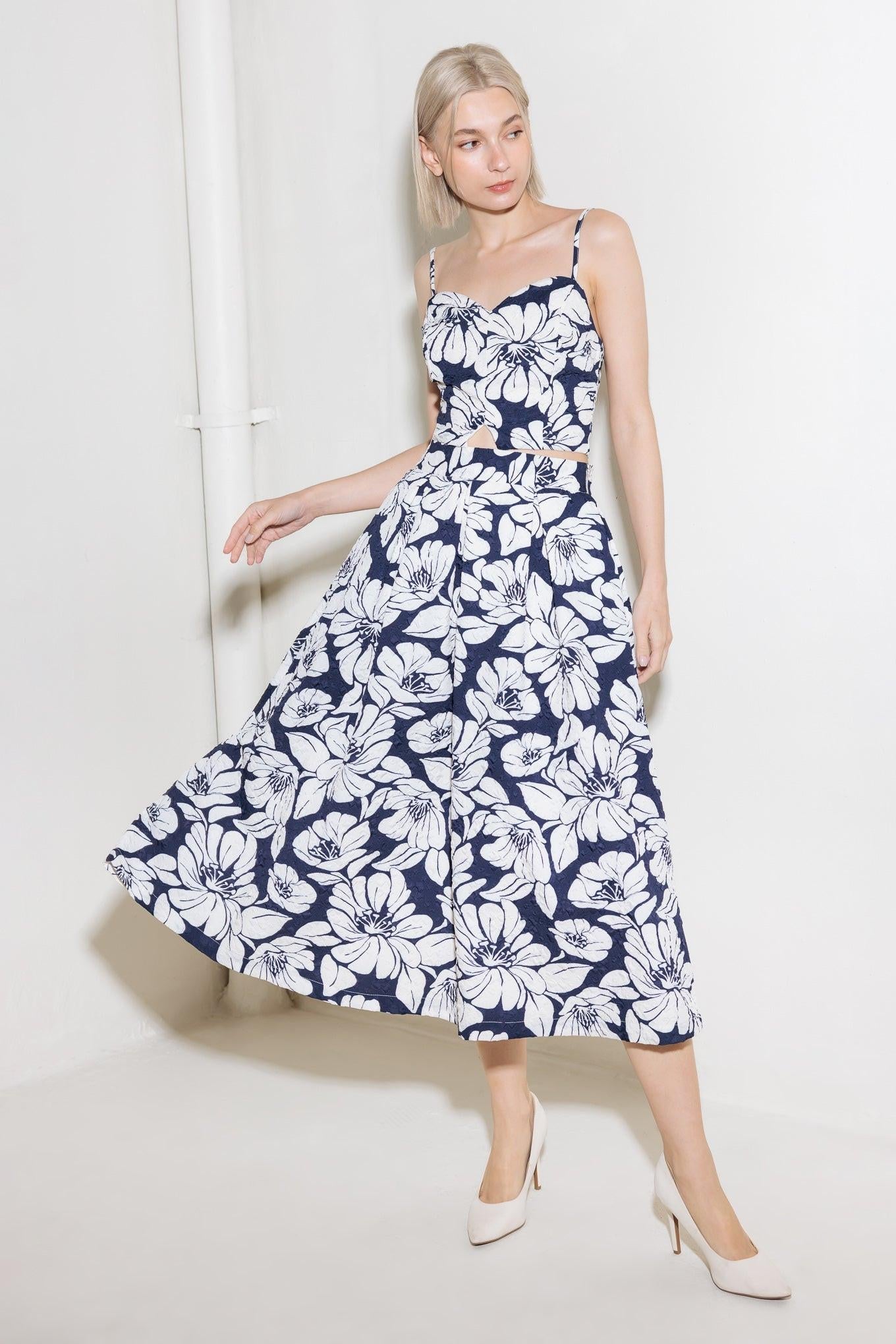 Plain Optimism Navy Woven Midi Skirt, view 2 — Soul Flow Apparel