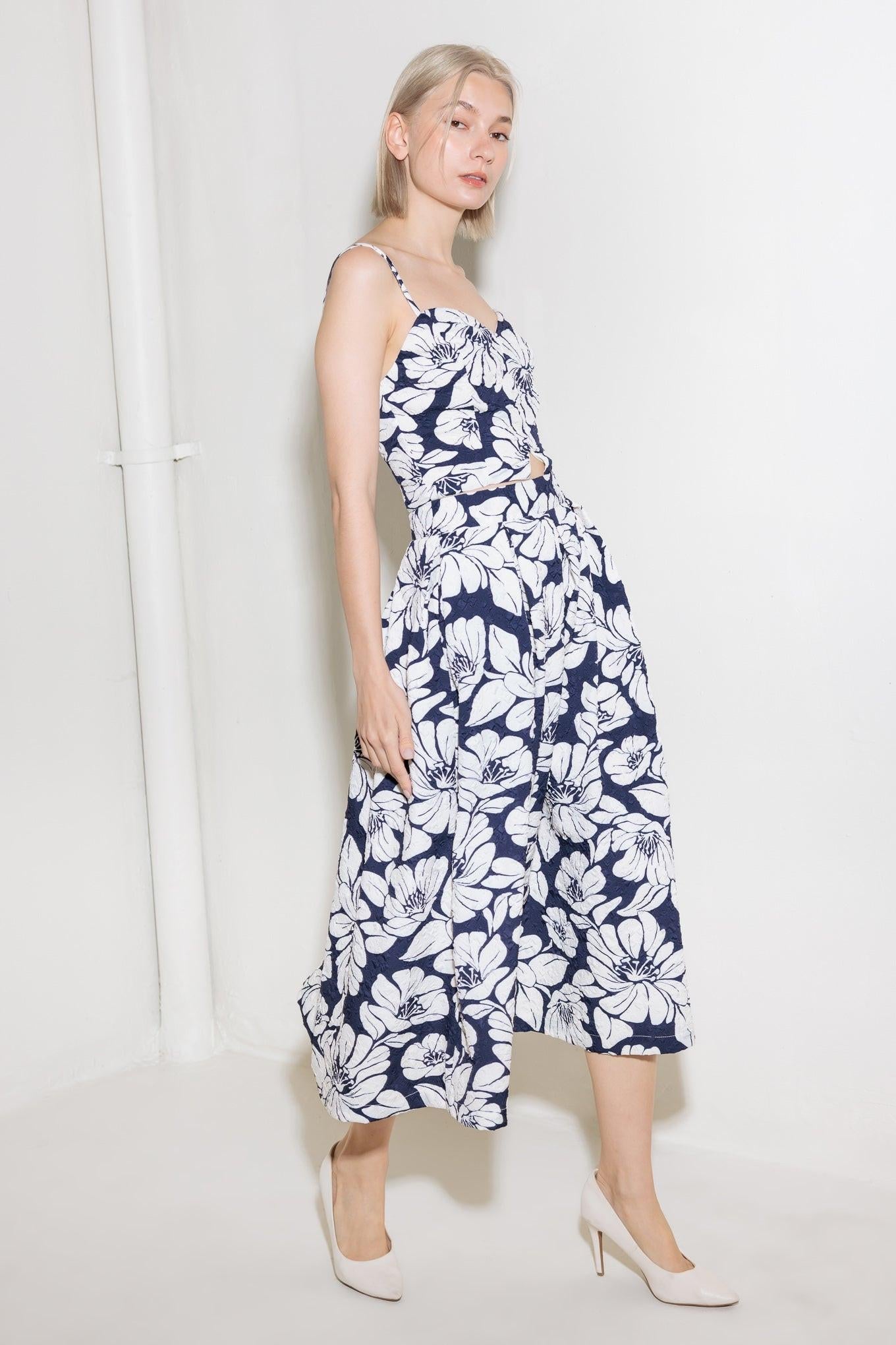 Plain Optimism Navy Woven Midi Skirt, view 4 — Soul Flow Apparel