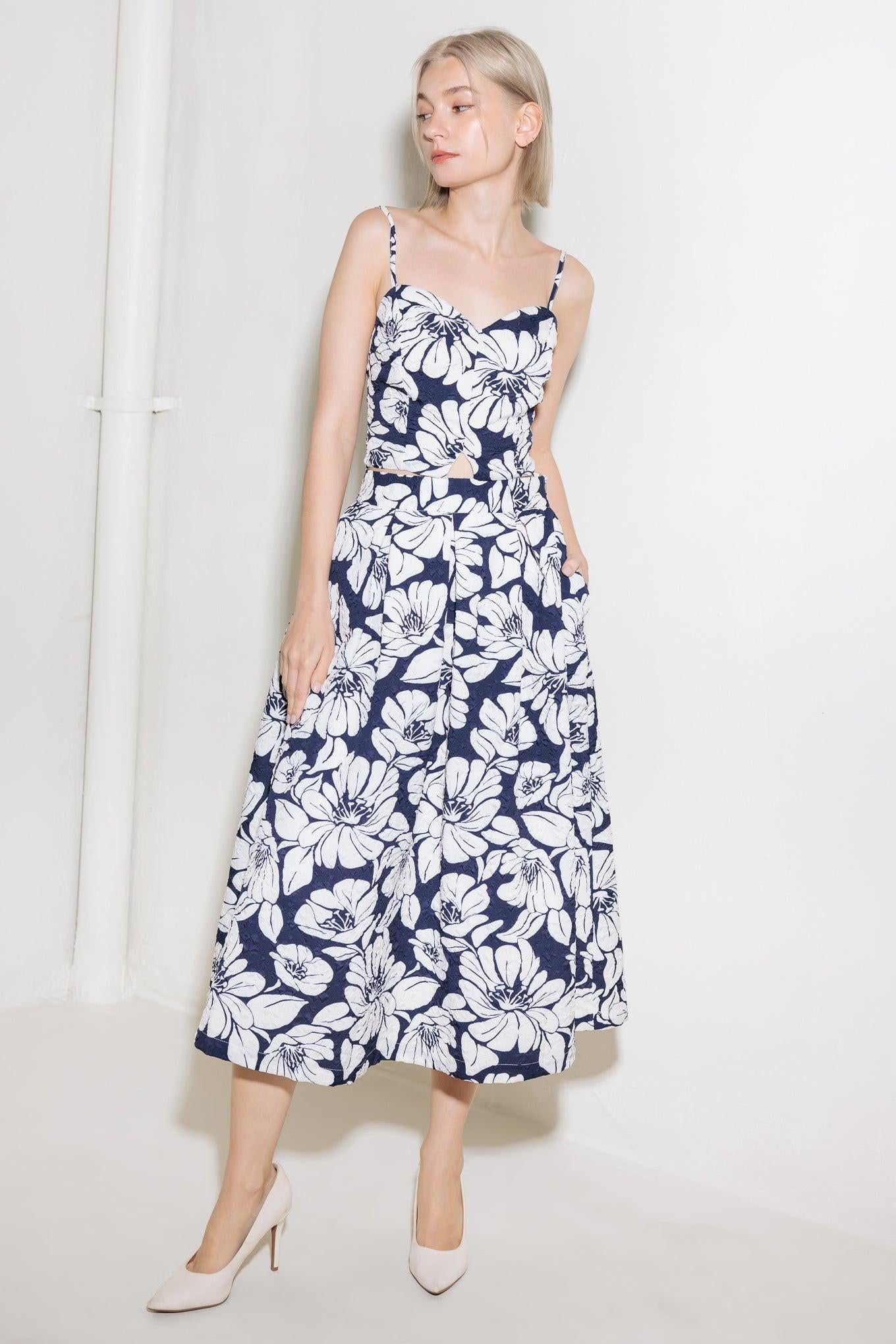 Plain Optimism Navy Woven Midi Skirt, view 5 — Soul Flow Apparel