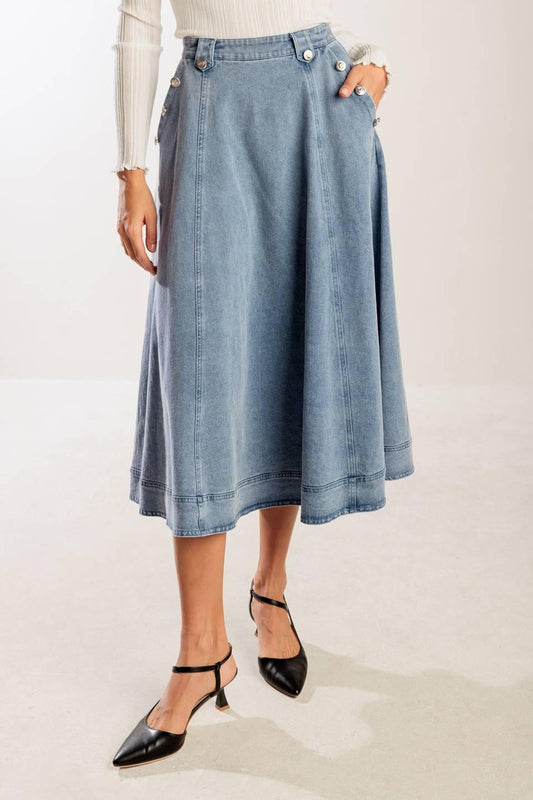 At First Glance Denim Midi Skirt in indigo, view 1 — Soul Flow Apparel