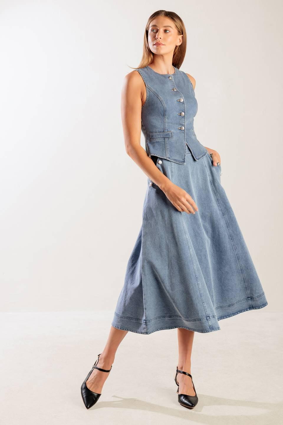 At First Glance Denim Midi Skirt in indigo, view 2 — Soul Flow Apparel
