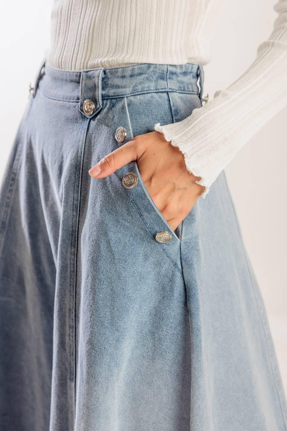 At First Glance Denim Midi Skirt in indigo, view 3 — Soul Flow Apparel
