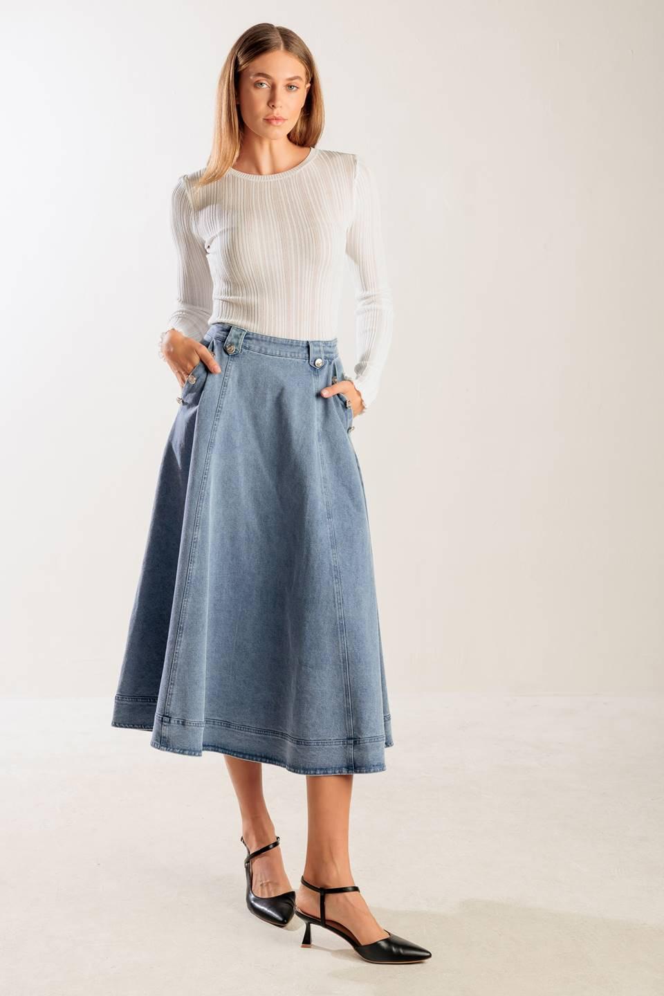At First Glance Denim Midi Skirt in indigo, view 4 — Soul Flow Apparel