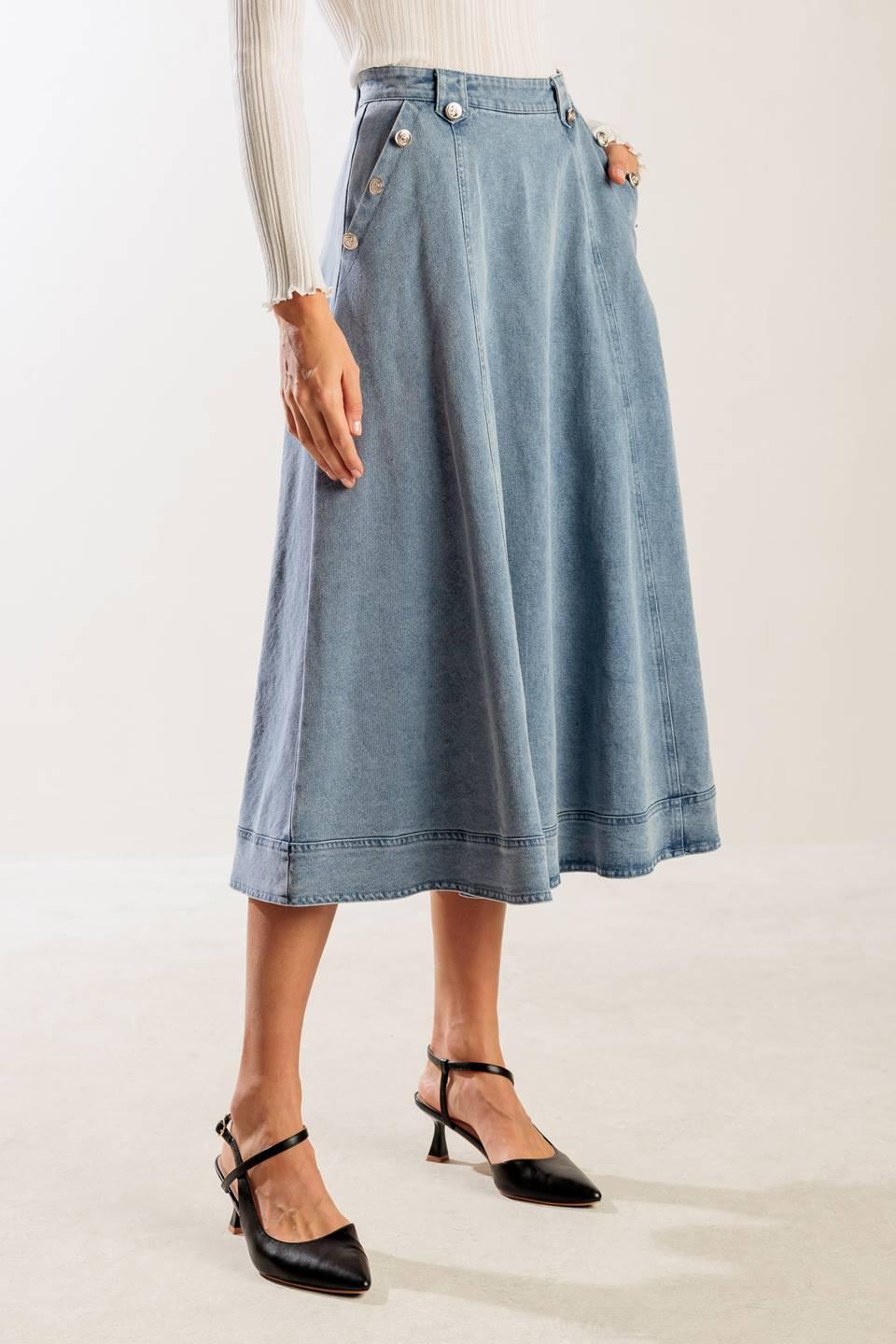 At First Glance Denim Midi Skirt in indigo, view 5 — Soul Flow Apparel