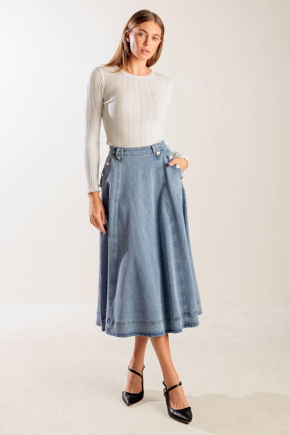 At First Glance Denim Midi Skirt in indigo, view 6 — Soul Flow Apparel