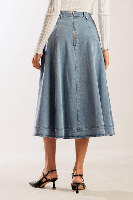 At First Glance Denim Midi Skirt in indigo, view 7 — Soul Flow Apparel