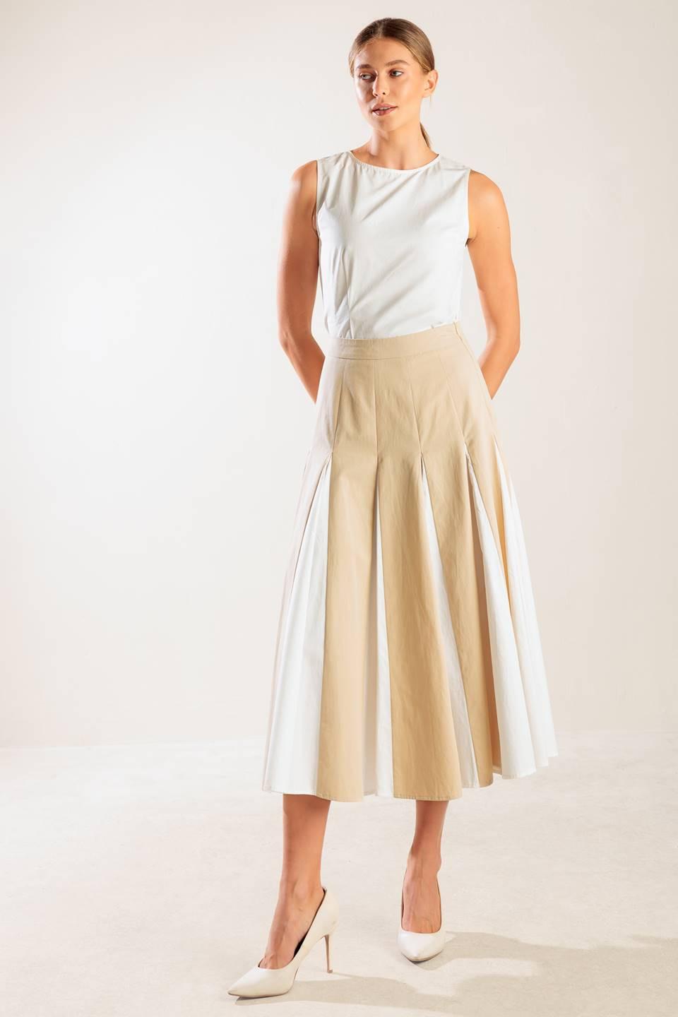 The Sweetest Thing Woven Midi Skirt in khaki white, view 1 — Soul Flow Apparel