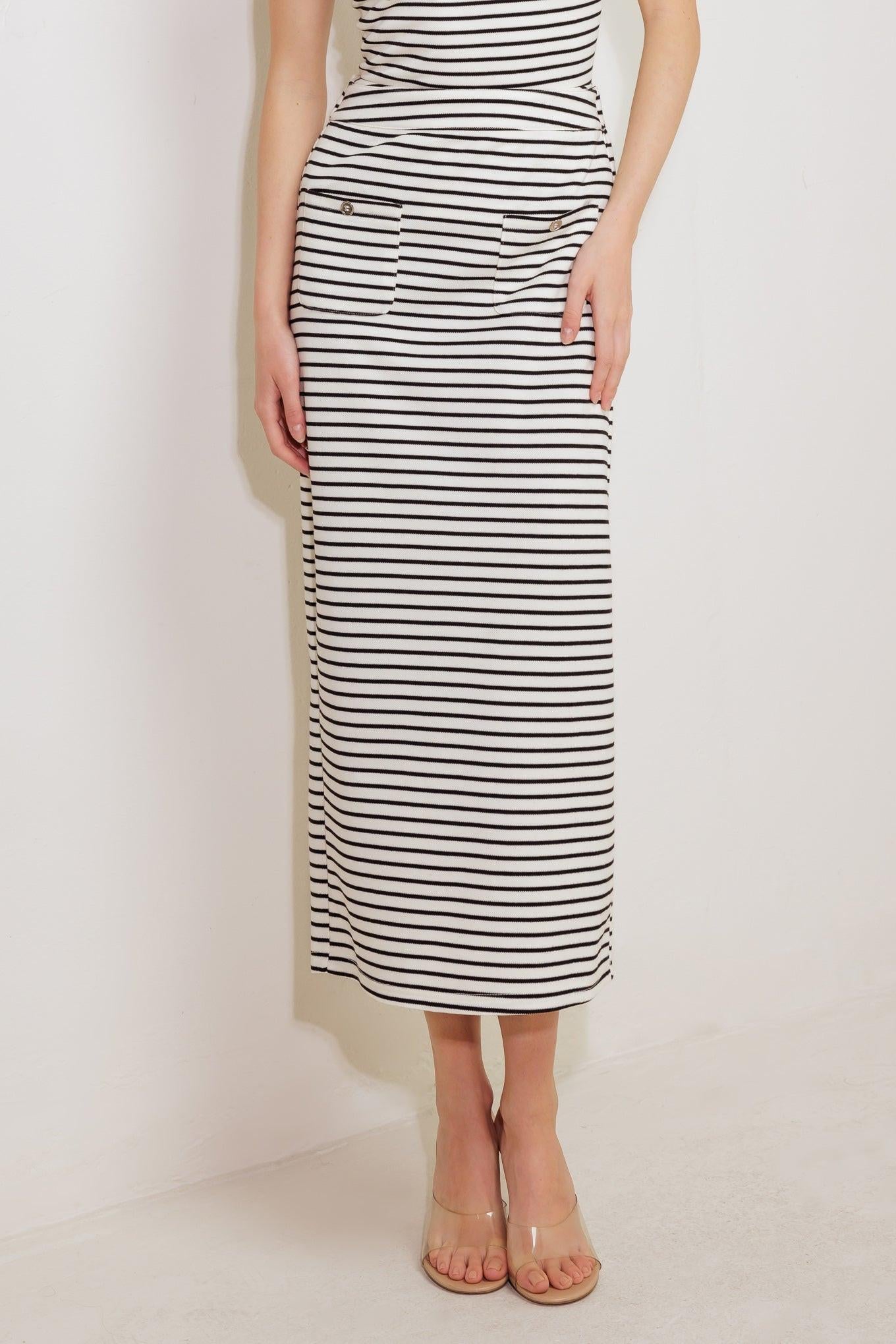 Winding Path Striped Woven Skirt in white black, view 2 — Soul Flow Apparel