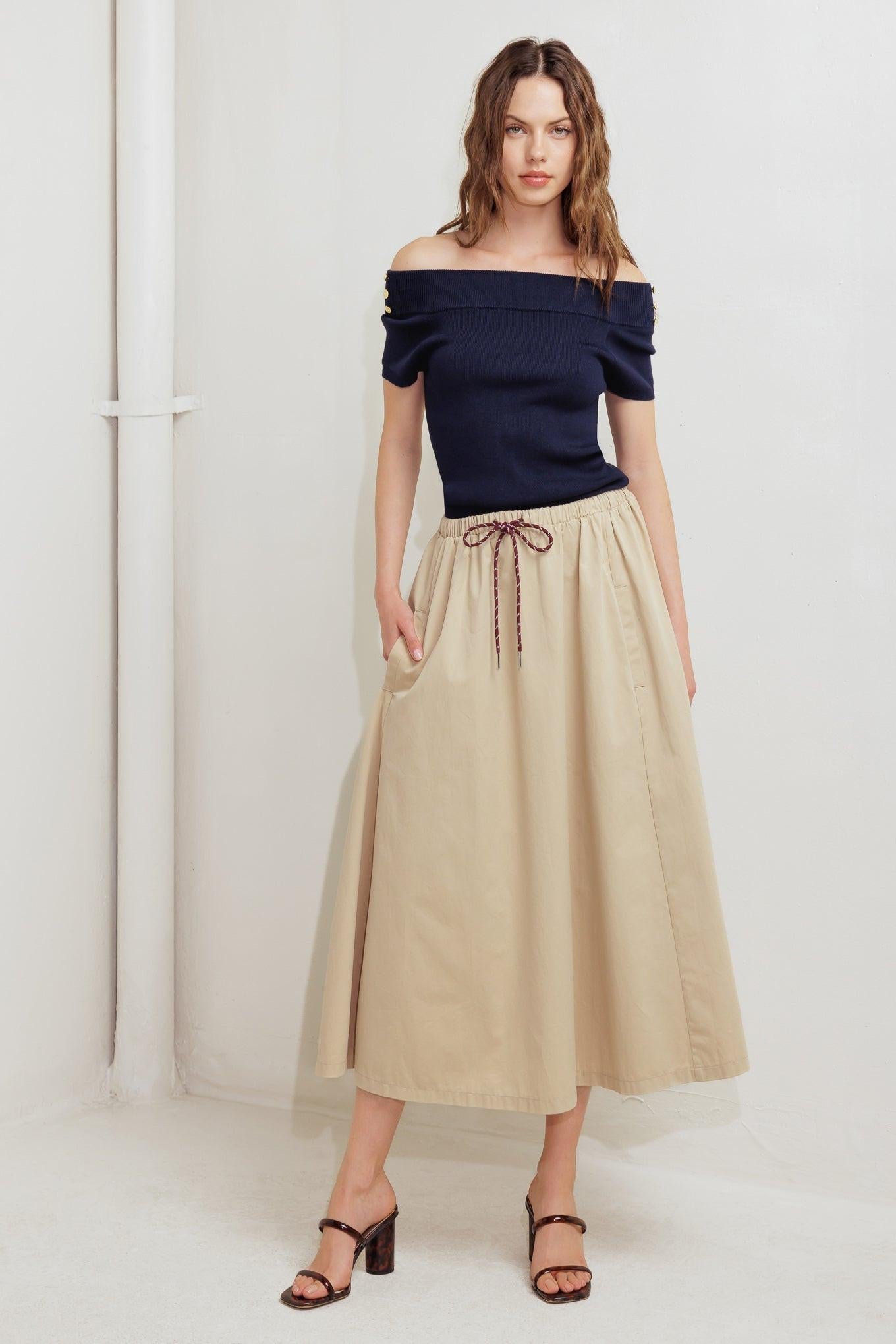 Weekend Parisian Woven Midi Skirt in taupe, view 1 — Soul Flow Apparel