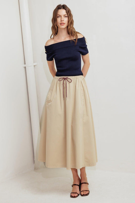 Weekend Parisian Woven Midi Skirt in taupe, view 2 — Soul Flow Apparel