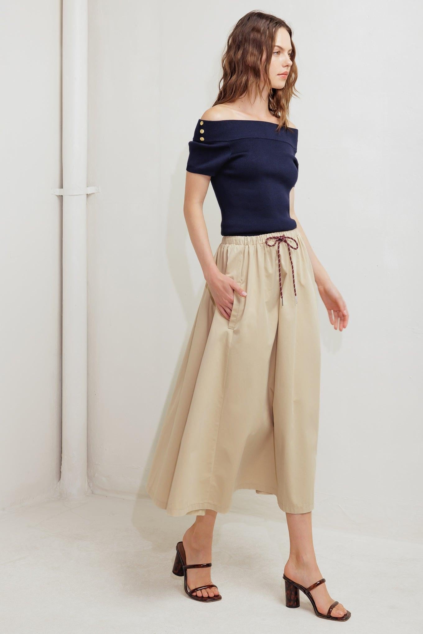 Weekend Parisian Woven Midi Skirt in taupe, view 4 — Soul Flow Apparel