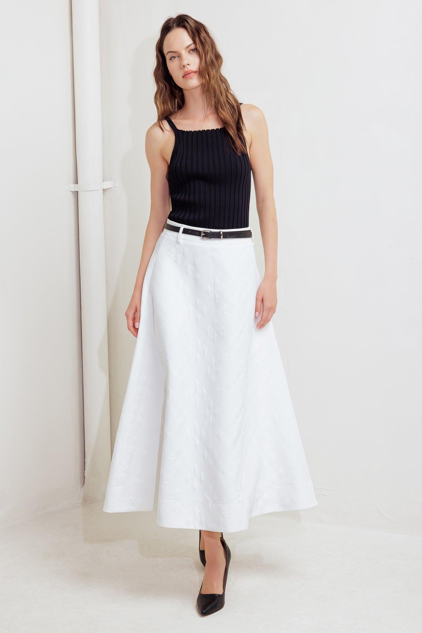 Downtown Ease Woven Midi Skirt in white, view 1 — Soul Flow Apparel