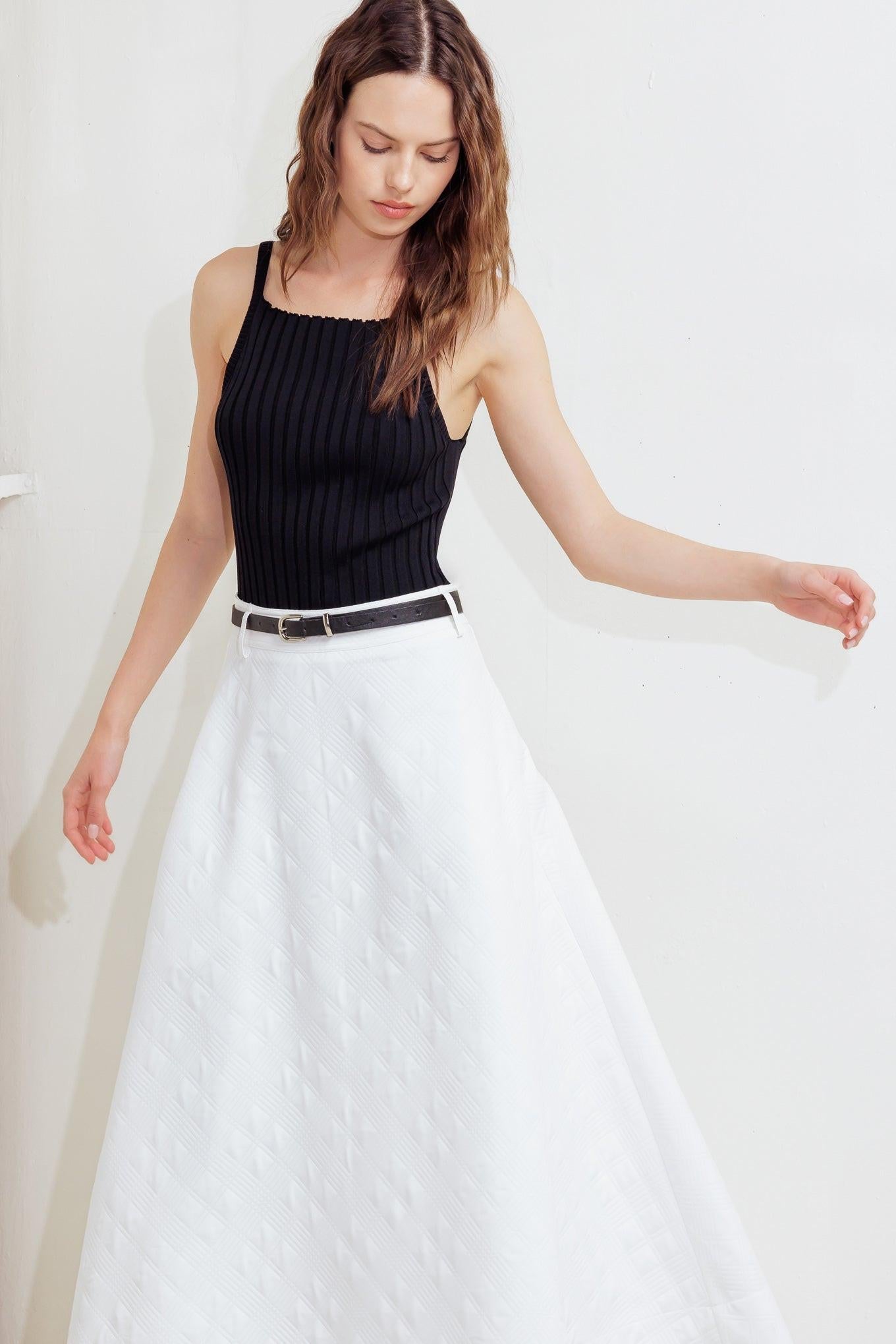 Downtown Ease Woven Midi Skirt in white, view 2 — Soul Flow Apparel