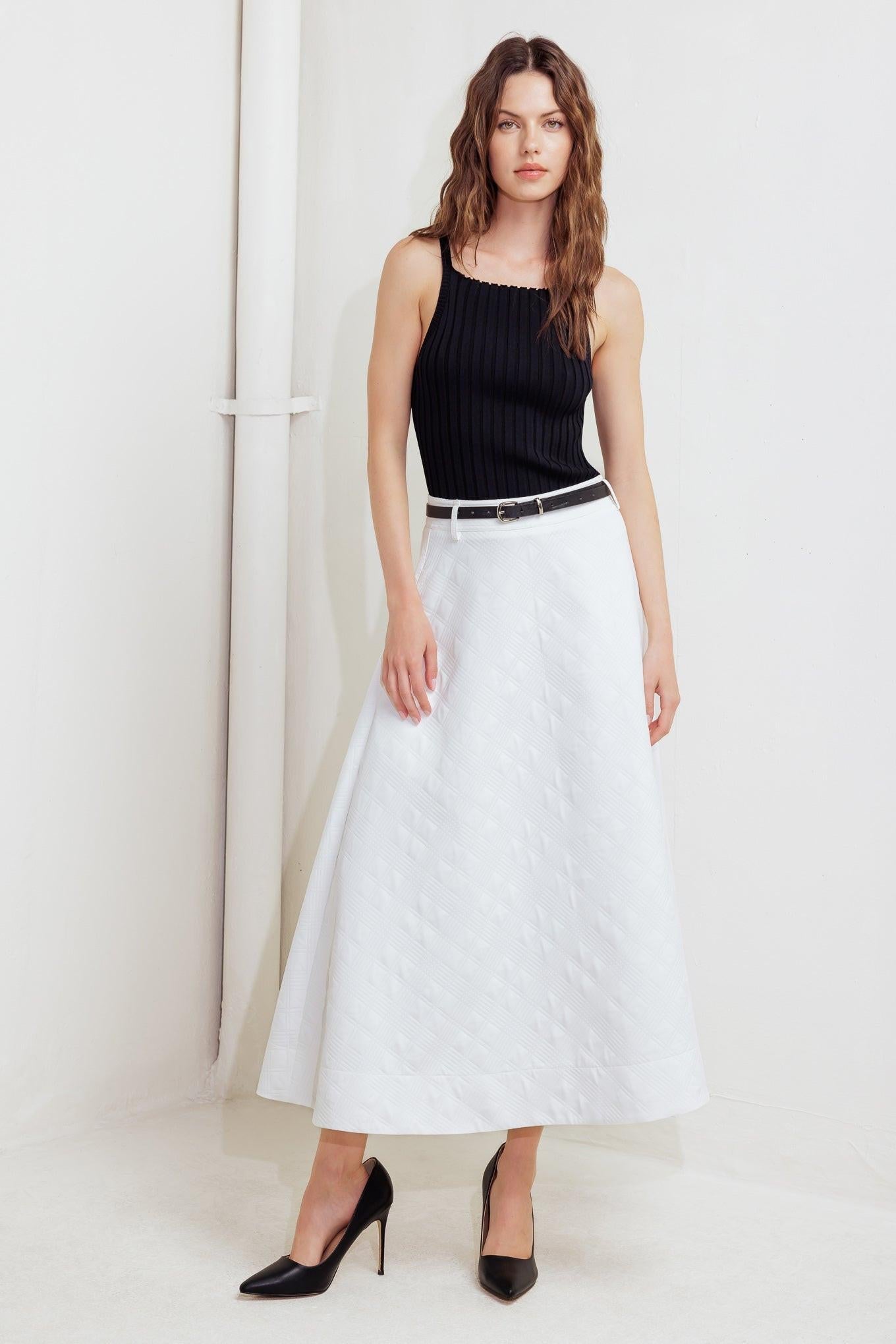 Downtown Ease Woven Midi Skirt in white, view 3 — Soul Flow Apparel