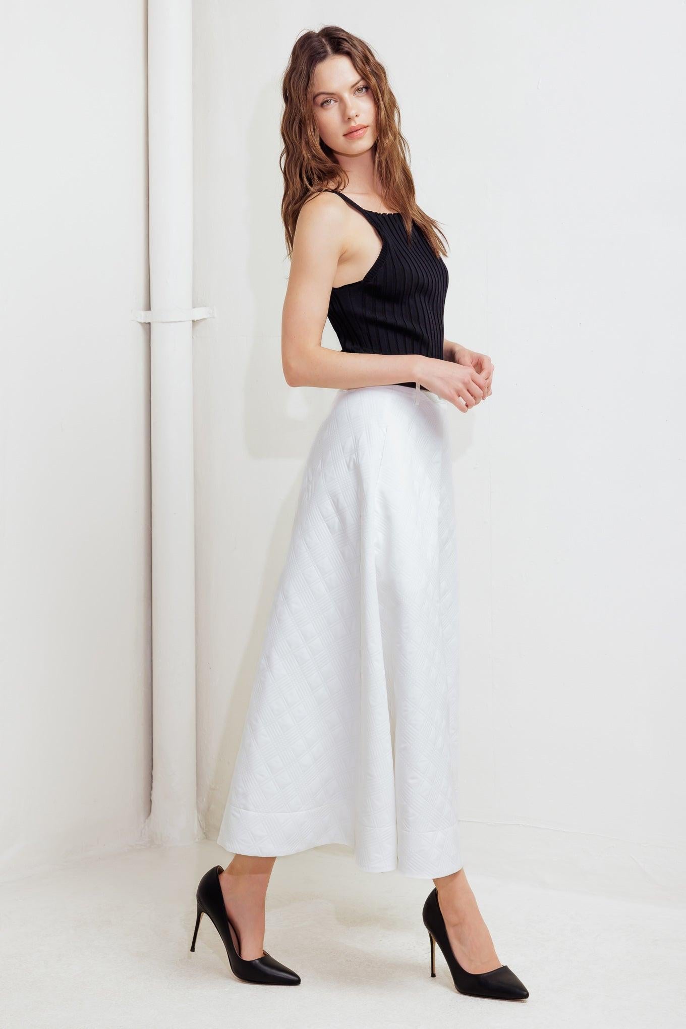 Downtown Ease Woven Midi Skirt in white, view 6 — Soul Flow Apparel
