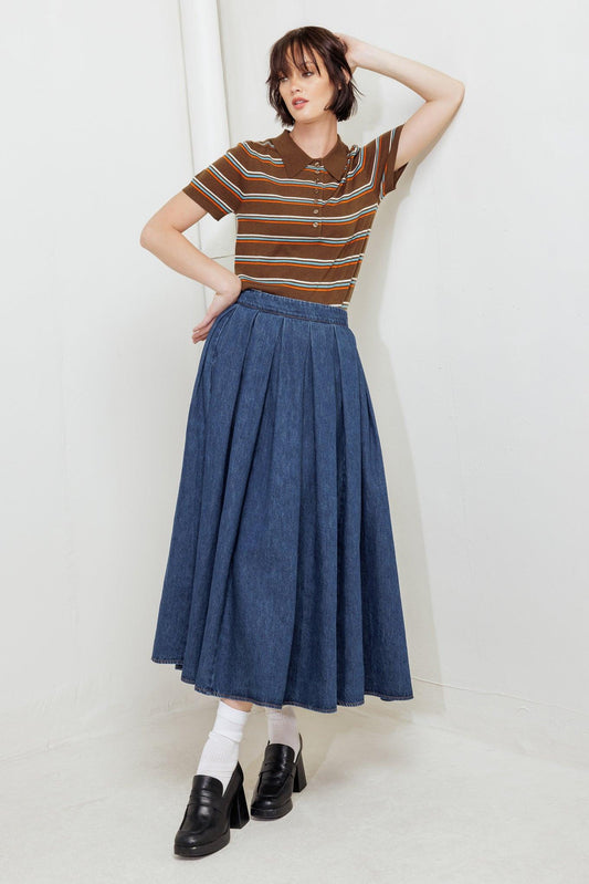 Dear Moment Denim Full Skirt in indigo, view 1 — Soul Flow Apparel