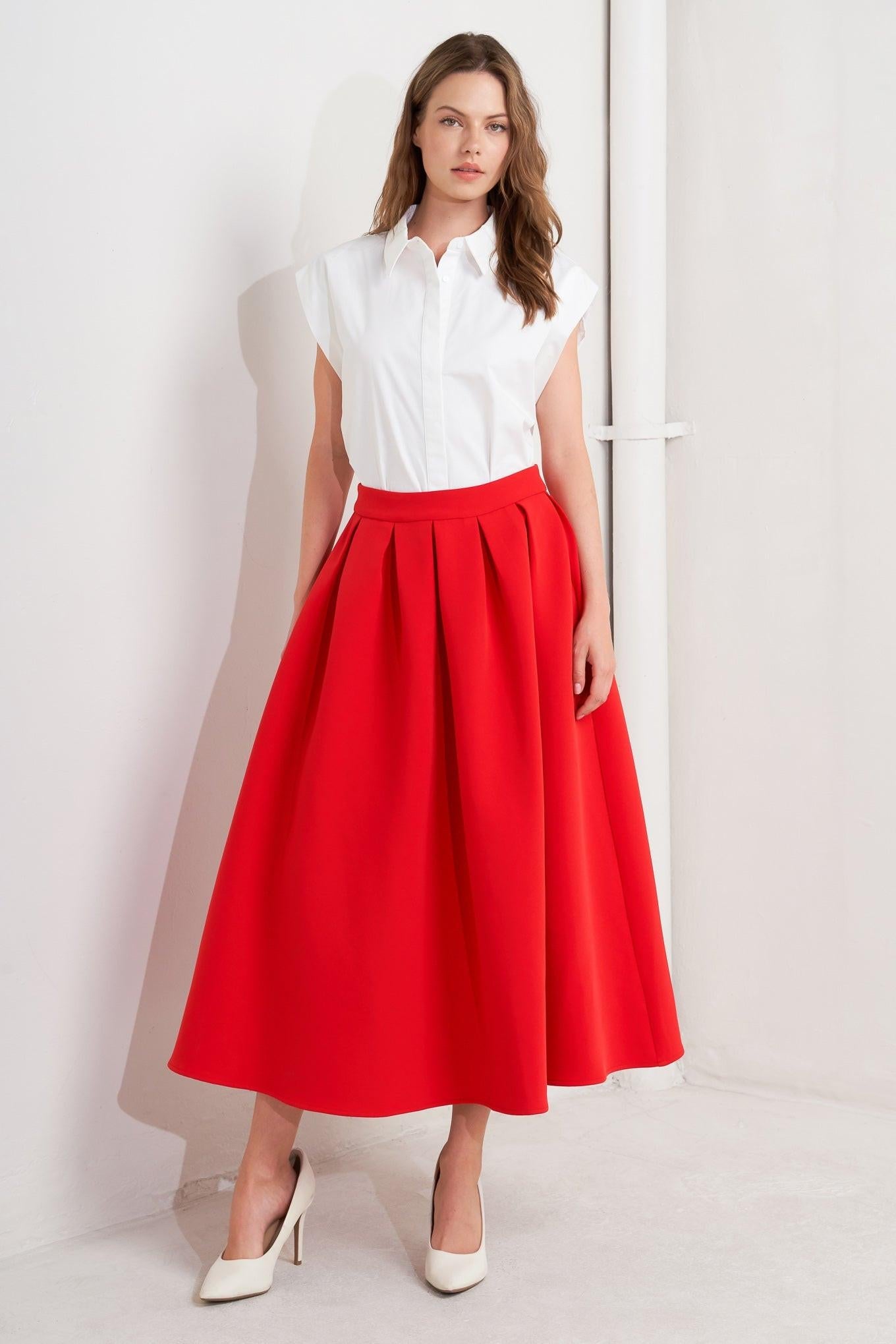 Strawberry Pop Woven Full Midi Skirt in red, view 1 — Soul Flow Apparel