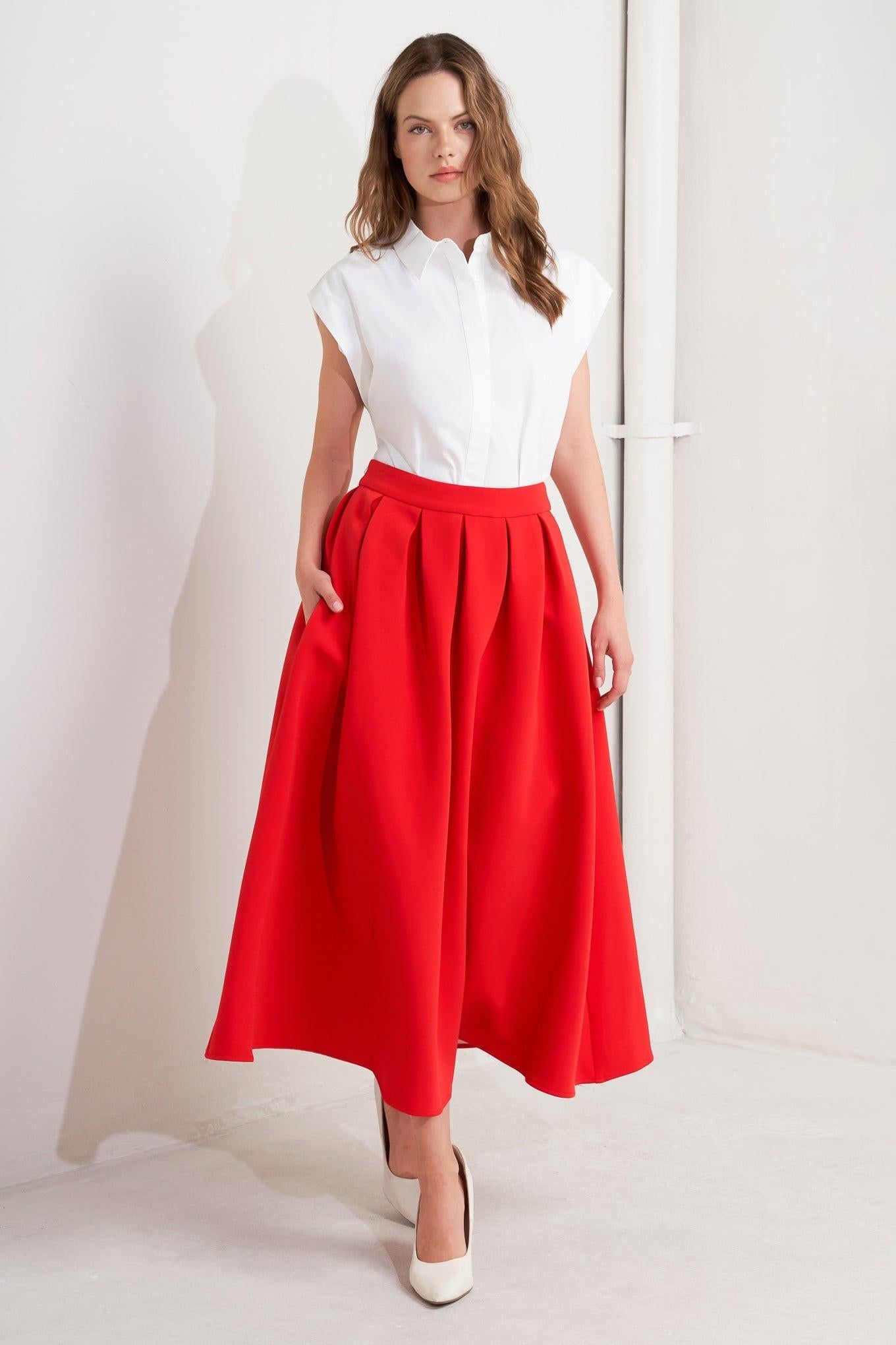 Strawberry Pop Woven Full Midi Skirt in red, view 2 — Soul Flow Apparel
