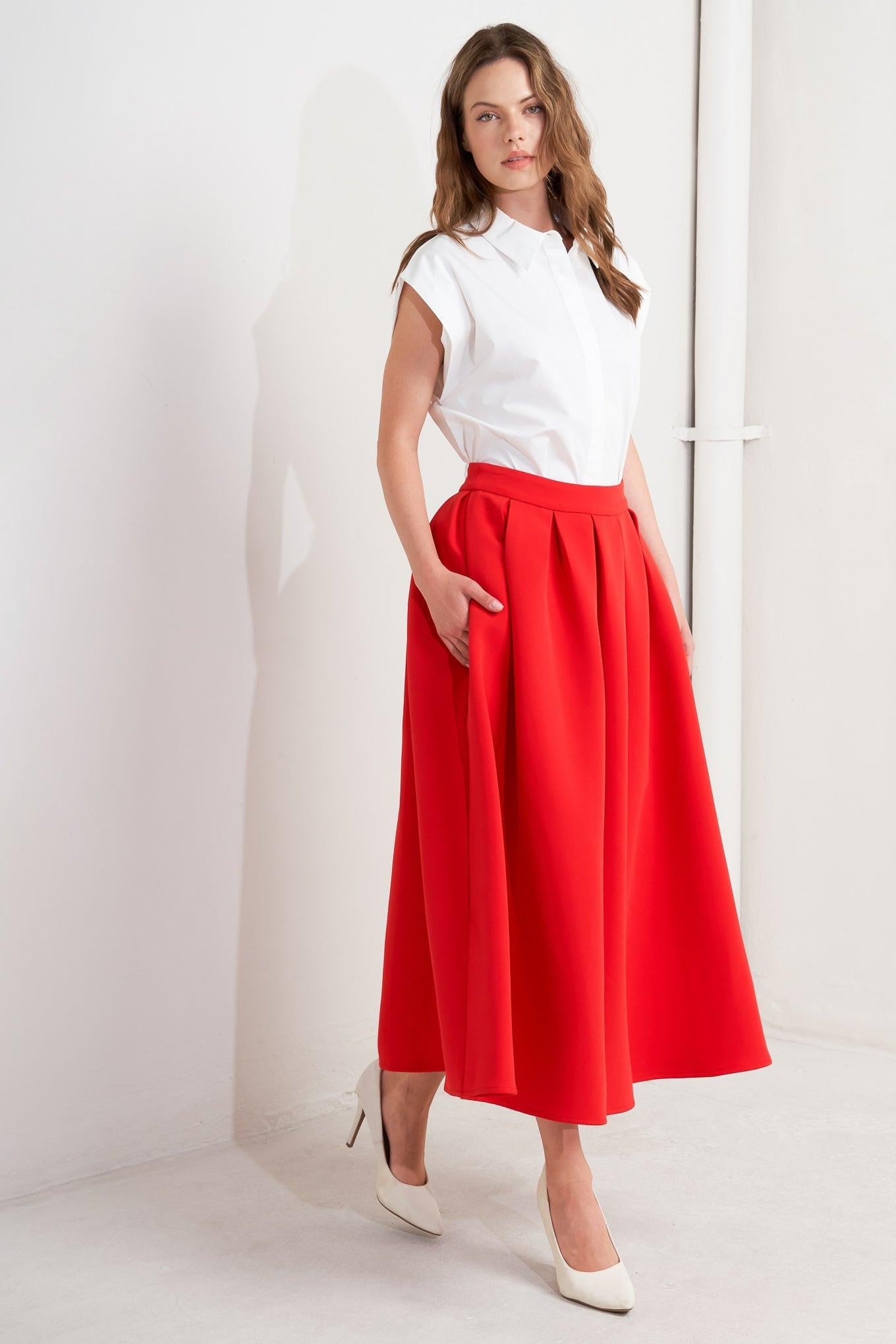 Strawberry Pop Woven Full Midi Skirt in red, view 3 — Soul Flow Apparel