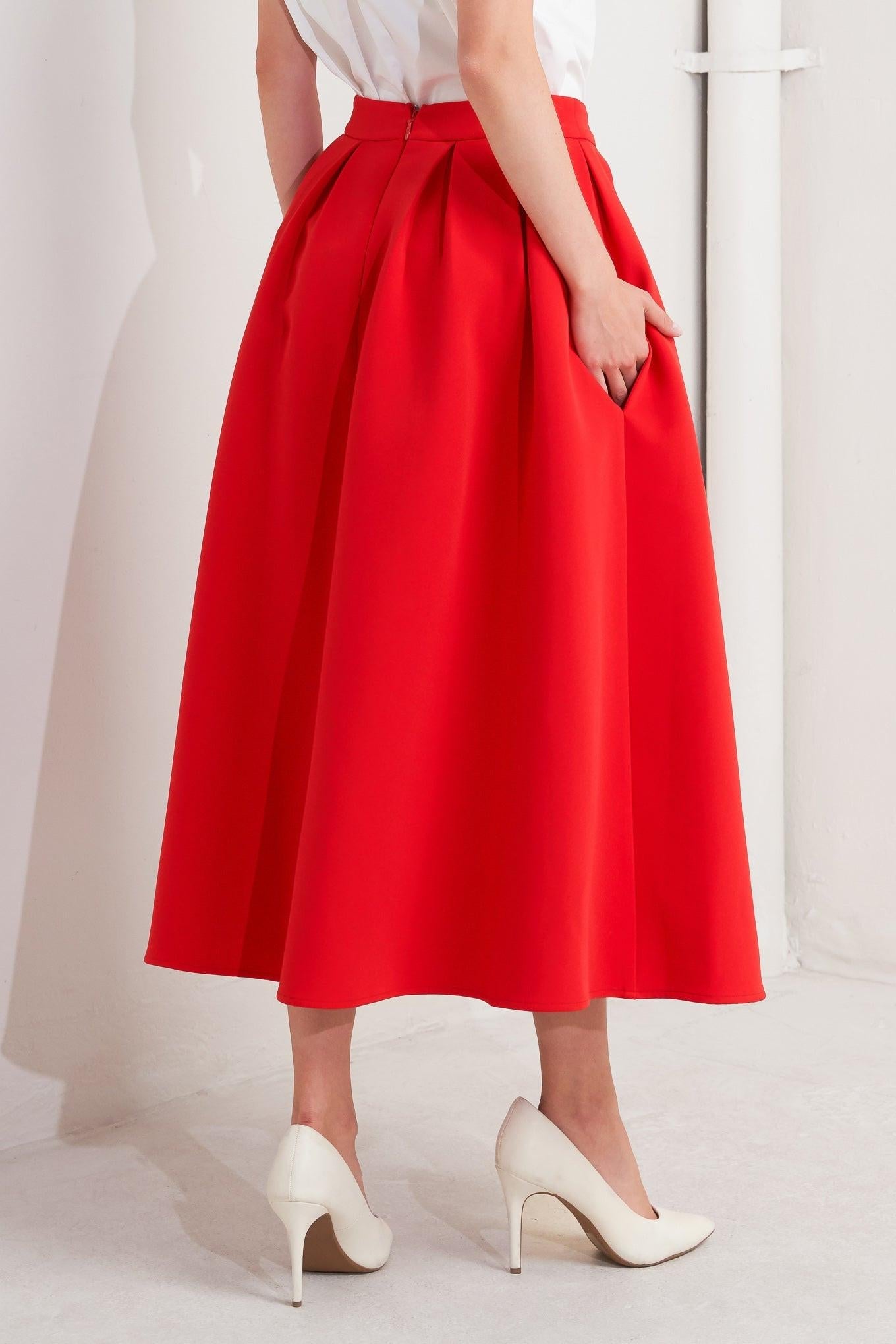 Strawberry Pop Woven Full Midi Skirt in red, view 4 — Soul Flow Apparel