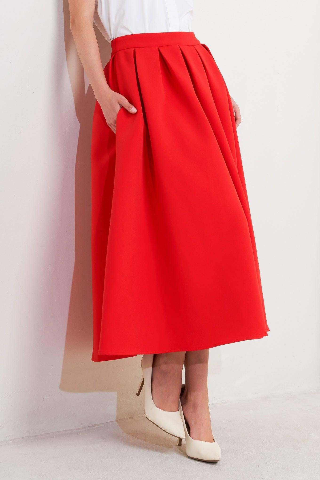 Strawberry Pop Woven Full Midi Skirt in red, view 5 — Soul Flow Apparel