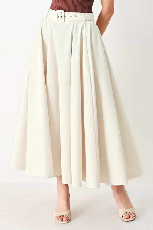 Rouge Allure Woven Full Midi Skirt in ecru, view 2 — Soul Flow Apparel