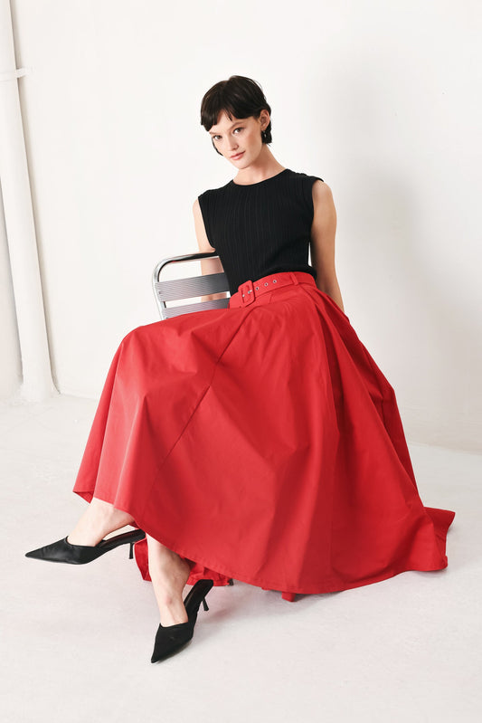 Rouge Allure Woven Full Midi Skirt in red, view 6 — Soul Flow Apparel